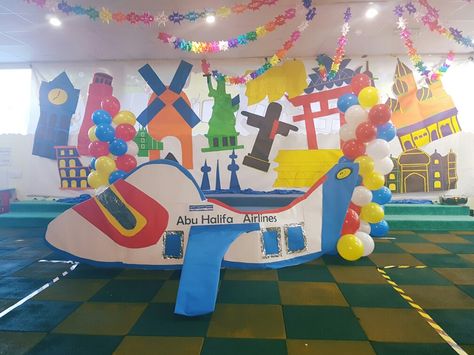 International Day Stage Decors 😊 International Day Decoration, International Festival At School, International Day At School Ideas, International Day Decoration At School, International Day At School, Around The World Decorations, World Decorations, Multicultural Night, Airplane Birthday Party Decorations