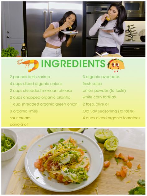 Karrueche Tran and Kylie Jenner shrimp tacos recipe! Please Re-Pin for later 😍💞 chicken noodle soup recipe, shrimp tacos, mongolian beef, oatmeal raisin cookies, ina garten Kylie Jenner Meals, Kylie Shrimp Tacos, Kylie Jenner Tacos, Shrimp Tacos Kylie Jenner, Kylie Jenner Food Recipes, Kylie Jenner Shrimp Tacos Recipe, Kylie Jenner Recipes, Kylie Jenner Food, Kardashian Recipes