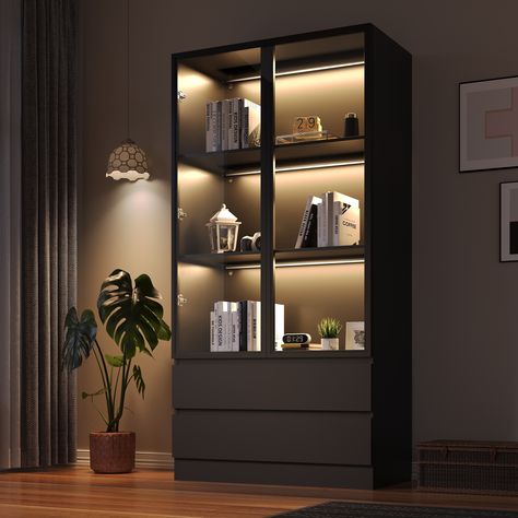 ✅【Large Storage】 The glass display case features 4-tier large shelves, provides ample space to display your decorations, photo albums, toys, and so on. The glass doors protect your items from dirt and ash and you can clearly see your decorations. Trophy Cabinets, Trophy Display Case, Cabinet With Glass Doors, Home Office Black, Curio Display, Glass Display Case, Office Black, Large Shelves, Furniture Design Living Room