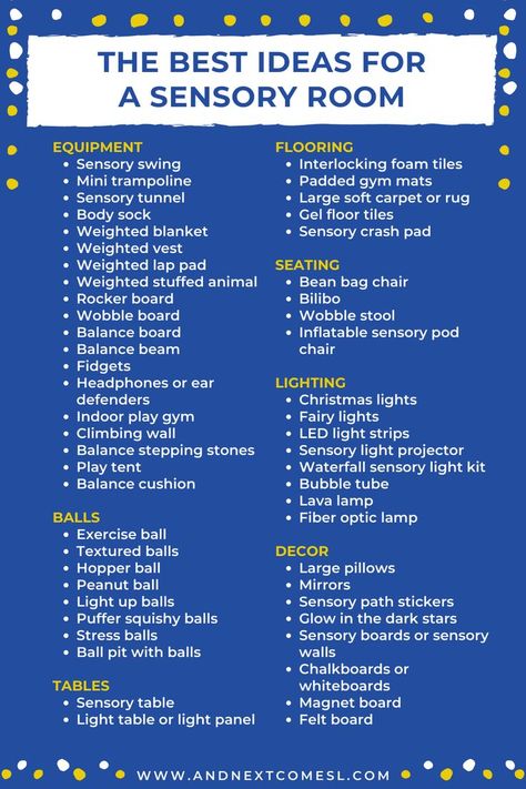 A list of ideas for a sensory room Sensory Kids Room, Sensory Room Ideas, Room Ideas For Kids, Sensory Bedroom, Sensory Room Equipment, Sensory Classroom, Calm Room, Calming Room, Sensory Wall