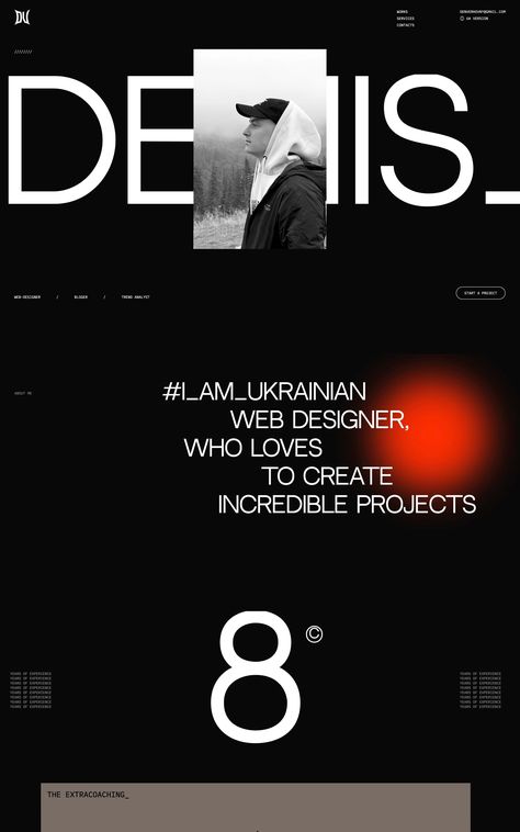 Slick, dark-schemed One Page portfolio for Ukrainian web designer and YouTuber Denis Verholomchuk. Dark Portfolio Design, Ux Design Portfolio Website, Contemporary Web Design, Modern Minimal Web Design, Web Design Dark, Red Web Design, Black Website Design, Dark Website Design, Web Designer Portfolio