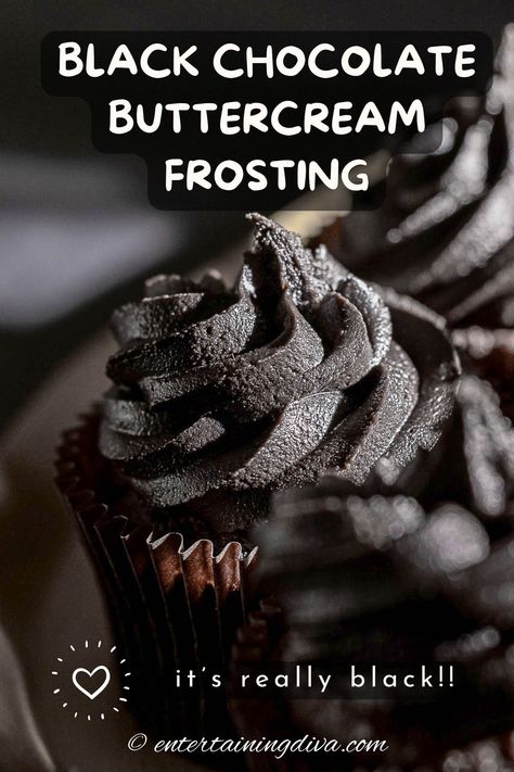 Black Chocolate Buttercream Frosting (That's Really Black) | Recipes Black Buttercream Recipe, Black Butter Cream Frosting, Black Cocoa Buttercream, Black Vanilla Buttercream, Black Buttercream Frosting, Homemade Halloween Treats, Chocolate Buttercream Icing, Easy Halloween Cookies, Buttercream Icing Recipe