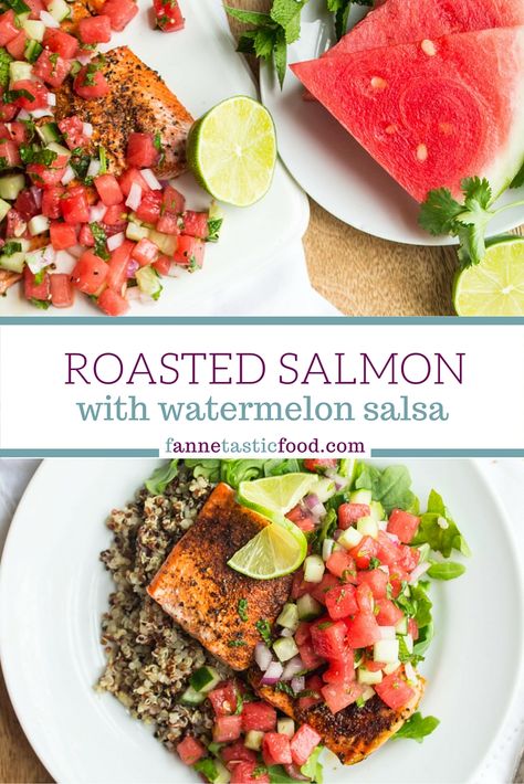 Roasted Salmon with Watermelon Salsa - a healthy, fresh, fast, and delicious dinner that's ready in just 15 minutes! Summer Salmon Recipe, Healthy Salsa Recipe, Easy Dinner Healthy, Watermelon Salsa Recipe, Salmon Healthy, Healthy Summer Dinner, Oven Roasted Salmon, Watermelon Salsa, Healthy Salmon