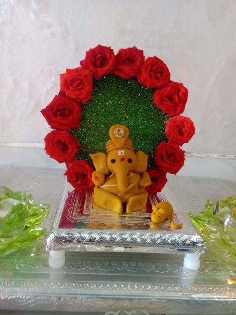 Vinayaka Chavithi Decoration At Home, Vinayaka Chavithi Decoration, Eco Friendly Ganpati Decoration, Puja Decoration, Vinayaka Chavithi, Puja Decor, Varalakshmi Vratham, Mandir Decoration, Ganesh Chaturthi Decoration