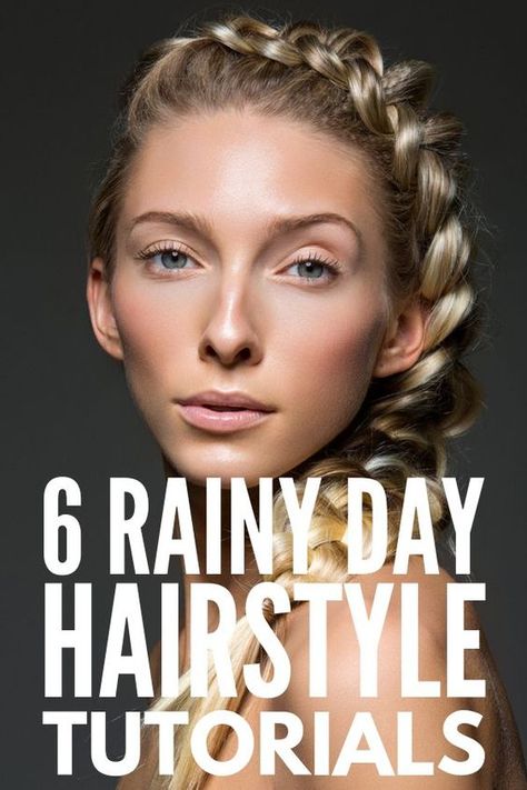 Rainy Day Hairstyles We Love | Does your hair get frizzy on hot, humid, and/or rainy days? Mine too! We’re sharing our best frizz fighting tips, hacks, products, and natural home remedies, as well as some super cute and easy hairstyles for short hair, shoulder-length hair, and for long hair. From the perfect updo, to messy buns, to adorable half up looks, to sleek braids, these styles and hair tutorials are perfect for work and for school! #frizzyhair #frizzyhairstyles #frizzyhairsolution Wedding Hair Rainy Day, Hair For A Rainy Day, Updo For Rainy Day, Easy Hairstyles For Windy Days, Rain Day Hairstyles Ideas, Rain Proof Hairstyles, Hairstyles For The Rain, Rainy Day Wedding Hair, Rainy Day Updo Hairstyles