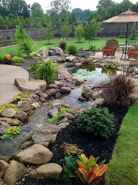 Backyard Stream, Diy Ponds Backyard, Garden Pond Design, Backyard Pond, Garden Water Feature, Fountains Backyard, Garden Waterfall, Natural Pond, Pond Landscaping