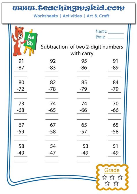 Subtraction- Subtract of two 2- digits with carry - Worksheet 3 - Teaching My Kid Math Worksheets For Kids, Math Practice Worksheets, Multiplication Practice, Math Sheets, Free Kindergarten Worksheets, Multiplication Worksheets, Subtraction Worksheets, Printable Math Worksheets, Kids Math Worksheets