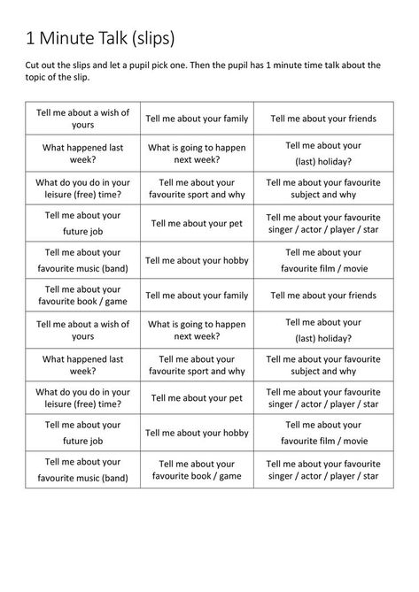 Talk For A Minute Topics, Talk For 1 Minute, Talk Topics, Speaking Activities English, Speaking Activities, Icebreakers, Counseling Activities, Writing Therapy, English Activities