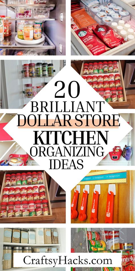 Declutter and create space with these cheap kitchen organization tips using dollar store items. Get inspired with these space saving ideas for home and kitchen decor hacks that you can do on a budget! How To Save Counter Space Kitchen Ideas, Small Kitchen Organization Ideas Space Saving Extra Storage, Small Apartment Fridge Organization, House Decorating Ideas On A Budget, Cheap Home Organization Ideas, Pantry Organization Ideas On A Budget, Dollar Tree Kitchen Organization Ideas, Diy Hacks Ideas, Decorating Ideas For The Home Kitchen