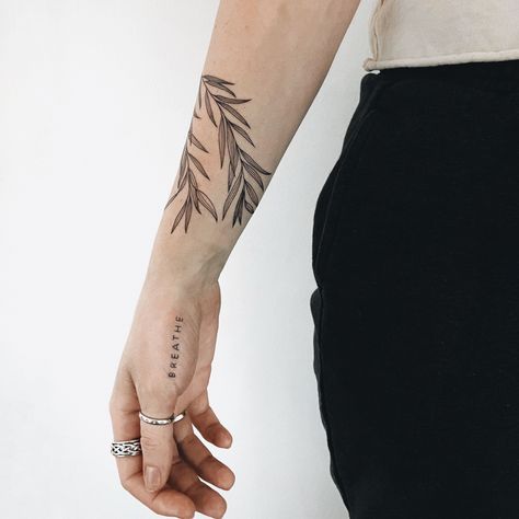 Vine Wrapped Around Arm Tattoo Men, Wrap Around Willow Tattoo, Willow Tree Hand Tattoo, Weeping Willow Leaf Tattoo, Wraparound Leaves Tattoo, Greenery Arm Tattoo, Vine Arm Tattoo Men, Olive Leaf Tattoo Arm, Wrap Around Leaves Arm Tattoo