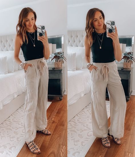 Are you in the mood for some pants that will make you feel relaxed? These flowy, elastic waist linen pants offer a hard-to-beat silhouette and comfort. Chic and effortless, these wide leg linen pants are available in three other color options. #linenpants #wideleglinenpants #whitelinenpants #summerstyle #summerfashion #affordablesummerfashion Spring Loungewear Outfits, Old Navy Wide Leg Linen Pants Outfit, How To Style Linen Pants Casual Summer, Linen Pants Vacation Outfit, Khaki Linen Pants Outfit Summer, Outfits With Wide Leg Linen Pants, Dress Up Linen Pants, High Waisted Linen Pants Outfits, What To Wear With Flowy Pants