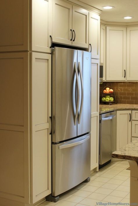 Refrigerator With Pantry On Side, Kitchen Pantry Around Refrigerator, Pantry Surrounding Refrigerator, Cabinets Surrounding Refrigerator, Pantry Fridge Surround, Small Pantry Next To Refrigerator, Refrigerator Next To Pantry, Refrigerator Cabinet Surround Ideas, Refrigerator With Cabinet Surround