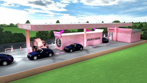 Cosmetics Drive Trough for Festival visitors Drive Thru Coffee, Pink Window, Festival Essentials, Washroom Design, Food Drive, Filling Station, Coffee Shop Design, Drive Thru, Seaside Resort