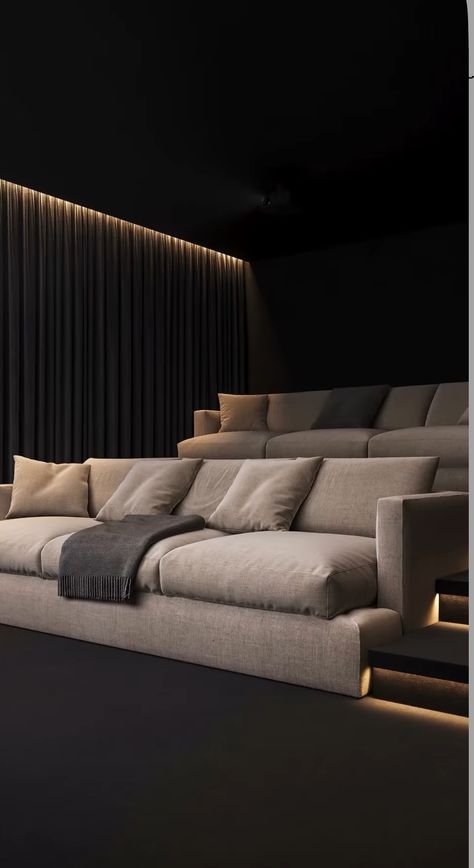 Neutral Theatre Room, Home Theater Aesthetic, Black Movie Room, Small Home Theater Room Design, Small Movie Room Ideas, Karaoke Room Design, Basement Cinema Room, Small Cinema Room, Small Home Theater Ideas