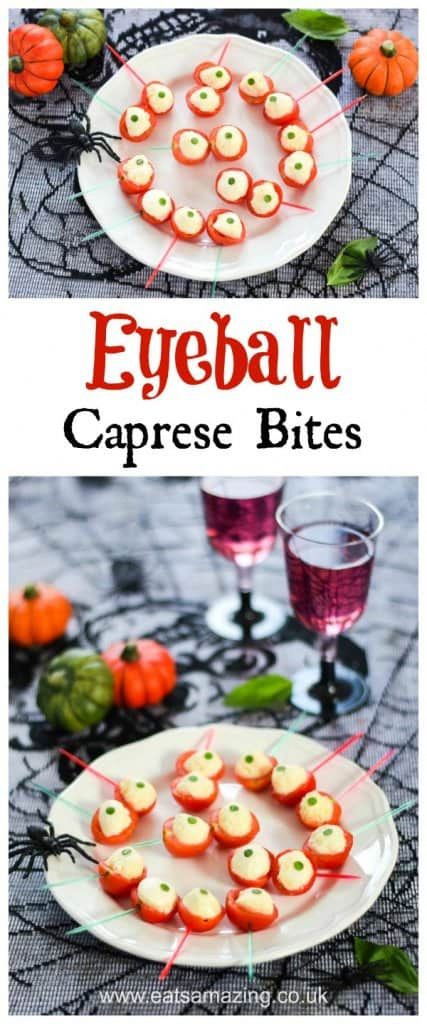 Caprese Eyeballs, Party Food Snacks, Healthy Halloween Party Food, Snack Halloween, Menu Halloween, Caprese Bites, Kids Lunch Boxes, Fall Party Food, Halloween Food Appetizers