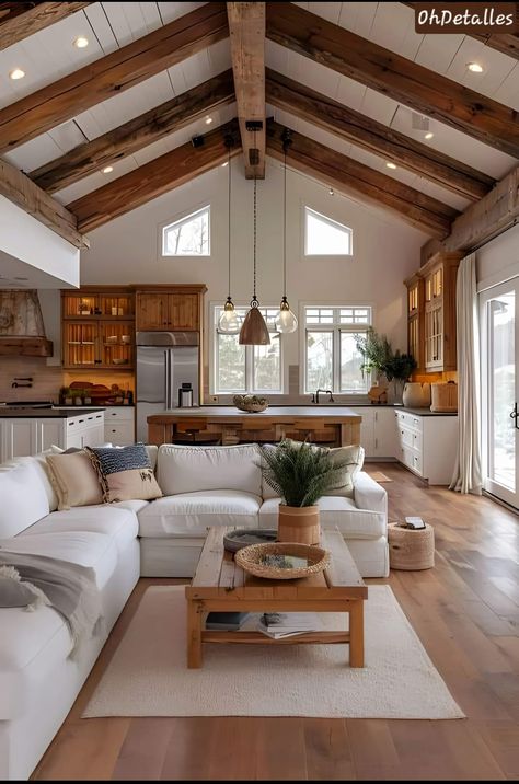 Living Room With High Ceilings, Room With High Ceilings, Modern Country Living, Open Kitchen And Living Room, Modern Farmhouse Living, Casa Country, Modern Farmhouse Living Room, Farmhouse Living Room, High Ceilings