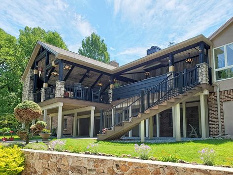 Open porches are the standard porch that many people envision when they want to cover their deck or patio. 2nd Story Covered Deck Ideas, Elevated Deck Ideas, Covered Deck Designs, Deck Addition, Vintage Porch, Patio Deck Designs, Deck Porch, Deck Designs Backyard, Covered Deck