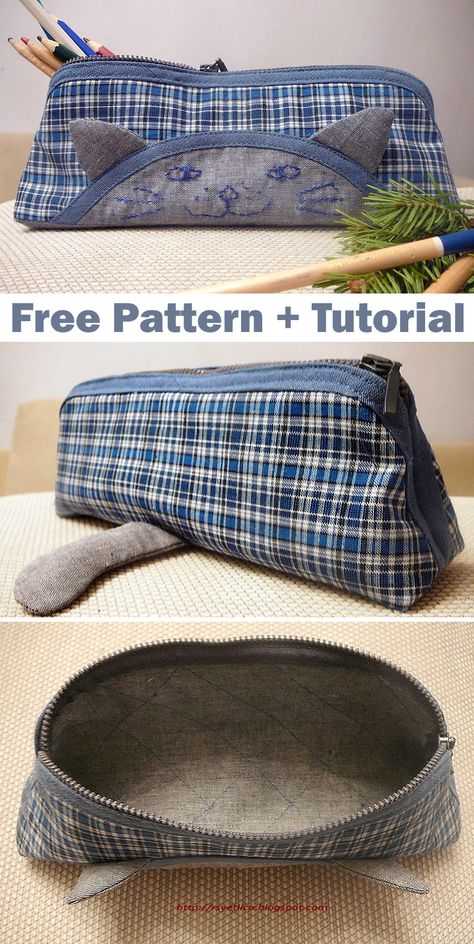 Pencil Case Cat. Free Pattern + Tutorial Pencil Case Pattern, Cat Pencil Case, Zipper Pencil Case, Sewing Tutorials Free, Bag Tutorial, Edge Stitch, Pattern Tutorial, Bags Tutorial, Pencil Cases