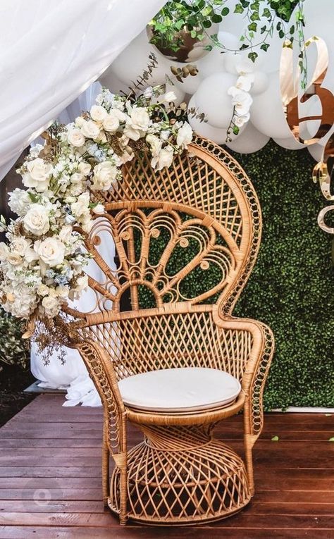 Wicker Chairs Wedding, Bridal Shower Wicker Chair, Peacock Wicker Chair, Wicker Chair With Flowers, Bridal Shower Peacock Chair, Baby Shower Opening Gifts Chair, Peacock Chair Baby Shower Ideas, Coachella Bachelorette, Boho Peacock Chair