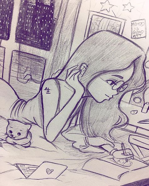 It feels good to just sit back and draw on those wonderful calm nights ✨🌙 Hope every one is enjoying there's. • • • • #sketch #art #draw #sketching #drawing #artist #sketches #draw #artwork #illustration #illustrator #love #happy #calm #peace #inspiration #instagood #instaart #goodnight #Godisgoodallthetime Girl Studying Drawing, Christina Lorre, Beautiful Pencil Drawings, Girl Drawing Sketches, Drawing Faces, Room Background, Girly Drawings, I'm Bored, Art Drawings Sketches Creative