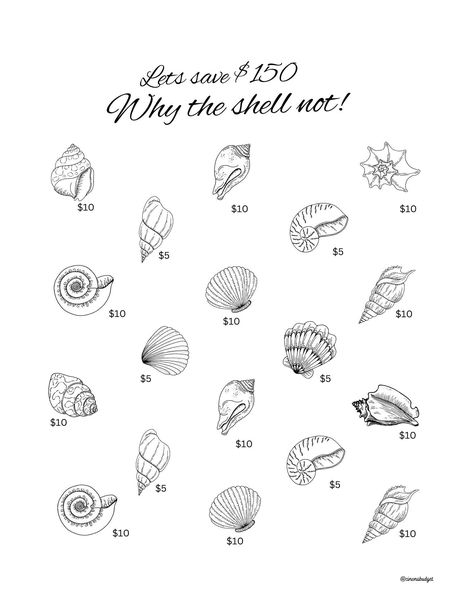 Why the shell not savings challenge $150   8.5 x11 *This is a printable* Nothing is shipped * Once purchased your file will be available for download in minutes after payment. Then you will be able to print item on your printer. I do not except returns, exchanges or cancellations. Thank You for your purchase Shell Line Tattoo, Sea Lover Tattoo, Shell Tattoo Design, Seashell Icon, Shell Outline, Savings Challenge Low Income, Shells Collection, Small Beach Tattoos, Summer Doodles