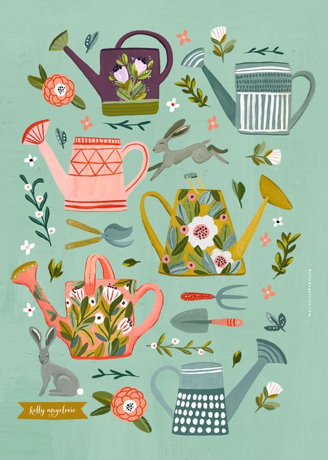 Surface Design — Kelly Angelovic Art & Coaching World Art Day, Cottage Core Art, Garden Illustration, Watering Cans, Spring Art, Art Prompts, Plant Illustration, Cool Stickers, Children's Book Illustration