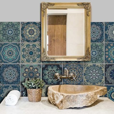 Washing Machine Room, Moroccan Tiles Bathroom, Moroccan Tiles Kitchen, Moroccan Style Bathroom, Moroccan Wall Tiles, Wall Tile Stickers, Moroccan Style Home, Moroccan Kitchen, Blue Bathroom Tile