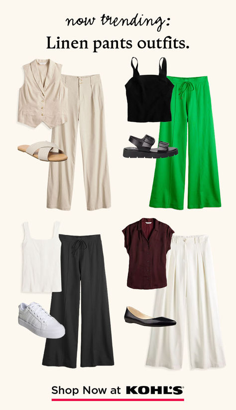 Have you heard? Linen pants are *the* pant of summer. Whether you're into bold colors or versatile neutrals, create both casual and elevated looks with this must-try trend. Shop linen pants, tops, shoes and more linen pants outfit essentials at Kohl's and Kohls.com. Summer Bbq Outfit Women, What To Wear With Linen Pants, Kohls Outfits, Linen Pants Outfit, Summertime Outfits, Style Inspiration Casual, Fresh Outfits, Effortlessly Chic Outfits, Boho Chic Outfits