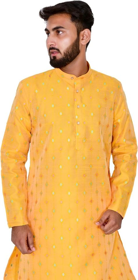 RICHART Silk Kurta Set With Motif And Off White Bottom (Yellow Colour/Size 38) at Amazon Men’s Clothing store Groom And Groomsmen Outfits, Silk Kurta Set, Sleep Sets, Groomsmen Outfits, Silk Kurta, Kurta Pajama, Yellow Colour, Sleep Set, Groom And Groomsmen