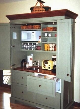 Small Space Living = Mini-kitchens | YesterTec Kitchen Works Armoire Pantry, Kitchen Armoire, Armoire Ideas, Armoire Repurpose, Kitchen Words, Pantry Makeover, Home Coffee Stations, Coffee Bars In Kitchen, Breakfast Bar Kitchen