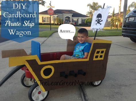 I kind of like the idea of putting the pirate ship on a wagon. You could sail a few kids on it, as well as put it away more easily. Pirate Ship Wagon, Wagon Halloween Costumes, Wagon Floats, Wagon Costume, Cardboard Pirate Ship, Homemade Pirate Costumes, Wagon Ideas, Kids Wagon, Twin Halloween