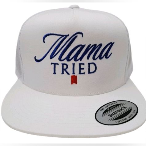 Introducing The Mama Tried Flat Bill Trucker Mesh Snapback White Hat Cap, A Brand New And Never-Used Accessory That Exudes Vintage, Western Country Outlaw Style. Handcrafted With Pride And Care In The Us, This Cap Is A Fashion Icon That Enhances Any Outfit. Featuring A Classic Retro Design With An Adjustable Snapback Closure And Mesh Paneling On The Back For Breathability, This Cap Guarantees Comfort While On-The-Go. The White Color Of This Hat Makes It Versatile To Match Any Outfit. The Flat Bi Country Christmas Gifts, Aunt Clothes, Samsung Hacks, Tshirt Making, Funny Trucker Hat, Cute Country Couples, Mama Tried, Country Hats, Pink Baseball Cap