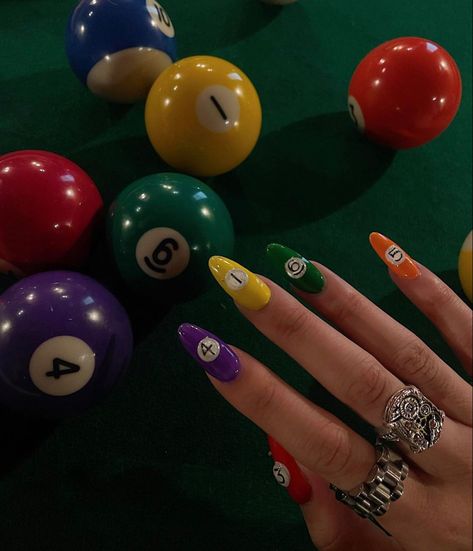 Nails Retro, Nails Preppy, Ball Nails, Pool Nails, Retro Nails, Red Acrylic Nails, Hard Nails, Pool Ball, Edgy Nails