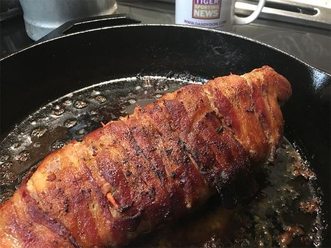 Bacon-wrapped, Boudin and Cream Cheese-stuffed, Pork Tenderloin - Dandy Don’s LSU Sporting News Boudin Stuffed Pork Loin, Recipes With Boudin, How To Cook Boudin, Stuffed Tenderloin, Boudain Recipes, Bacon Wrapped Pork Loin, Boudin Sausage, Rice And Gravy, Pork Meals