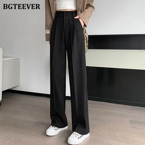 Churchf Spring Double Button Women Wide Leg Suit Pants Casual High Waist Loose Straight Female Trousers 2022 Wide Leg Suit Pants, Orchestra Concert, Women Trousers, Korean Casual Outfits, Elegant Dresses Classy, Future Style, Office Outfit, Korean Fashion Dress, Concert Fits