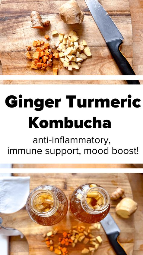 Homemade Kombucha Recipe with Ginger and Turmeric Recipe With Ginger, Kombucha Bottles, Fresh Turmeric Root, Kombucha Recipe, Homemade Kombucha, Probiotic Benefits, Gut Health Recipes, Fermentation Recipes, Fresh Turmeric