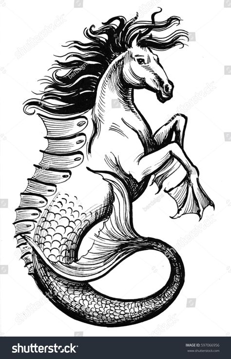 Mystical Creatures Drawings, Seahorse Tattoo, Sea Drawing, Snake Drawing, Seahorse Art, Mermaid Drawings, Horse Tattoo, Creature Drawings, Ink Illustration