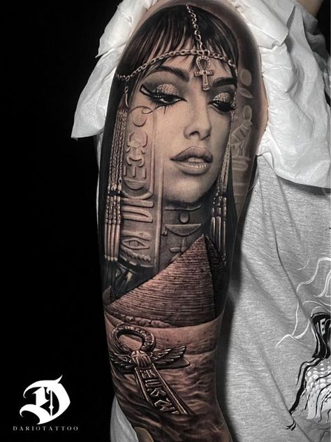 Cleopatra Pyramid and Ankh tattoo Egyptian Queen Tattoo Goddesses, Cleopatra Tattoo Design, Egyptian Queen Tattoos, Egyptian Goddess Tattoo, Hieroglyphics Tattoo, Cleopatra Tattoo, Egyptian Cat Tattoos, Egyptian Tattoo Sleeve, Famous Tattoo Artists