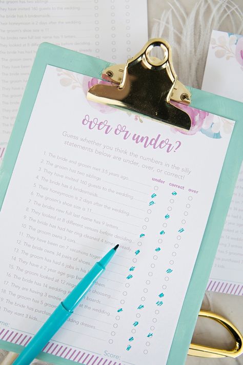 These Free Printable "Over or Under" Bridal Shower Games Are Adorable! Bridal Shower Games Free Printables, Bridal Shower Gift List, Bridal Shower Question Game, Fun Bridal Shower Games, Free Printable Games, Bridal Shower Planning, Bridal Bachelorette Party, Wedding Shower Games, Games Printable