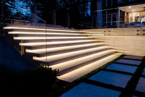 Sleek Glass Walls Open Modern Patio, Pool to the Ocean | HGTV's Ultimate Outdoor Awards | HGTV Luxury Stairs, Outside Stairs, Outdoor Gathering Space, Flooring For Stairs, Stair Lights, Outdoor Sitting Area, Concrete Stairs, Outdoor Steps, Cove Lighting