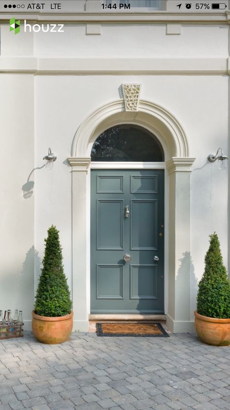 Farrow and Ball Pigeon Farrow And Ball Pigeon, Victorian Front Doors, Stone Porches, House Paint Color Combination, Exterior House Paint Color Combinations, Stucco Homes, Modern Front Door, Garage Door Design, Pintura Exterior