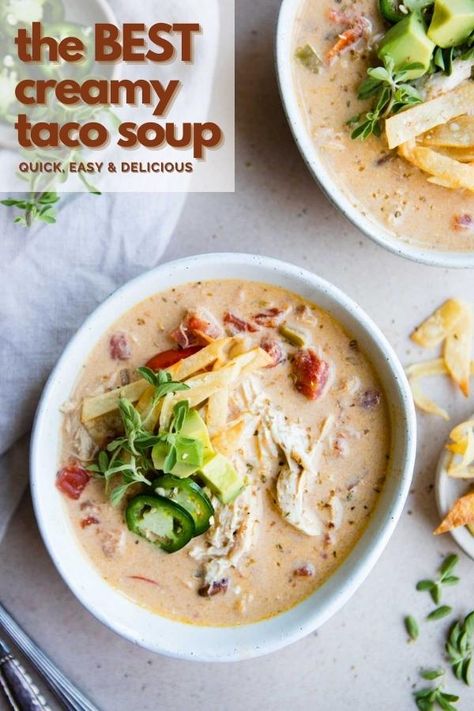 The Best Homemade Creamy Taco Soup Taco Soup With Chicken, Creamy Taco Soup Recipe, Creamy Taco Soup, Soup With Chicken, Homemade Taco Seasoning Recipe, Healthy Chicken Recipes Easy, Taco Soup Recipe, Perfect Chicken, Healthy Bowls