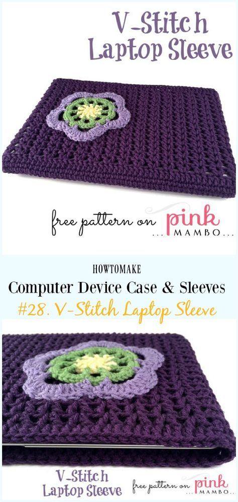 V-Stitch Laptop Sleeve Free Crochet Pattern - #Crochet Computer #Device Case Cozy Sleeves Free Patterns Crochet Containers, Crochet Tablet Cover, Crochet Laptop Case, Purses Patterns, Stitch Purse, V Stitch Crochet, Computer Cover, Crochet Shell Stitch, Crochet Weaves