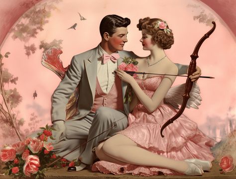 Vintage Lovecore Aesthetic, Valentine’s Day References, 50s Valentines Aesthetic, Vintage Valentines Photos, Valentines Day Aesthetic Art, Vintage Love Illustration, Vintage Valentine Aesthetic, Valentine Reference Pose, Person Bowing Down