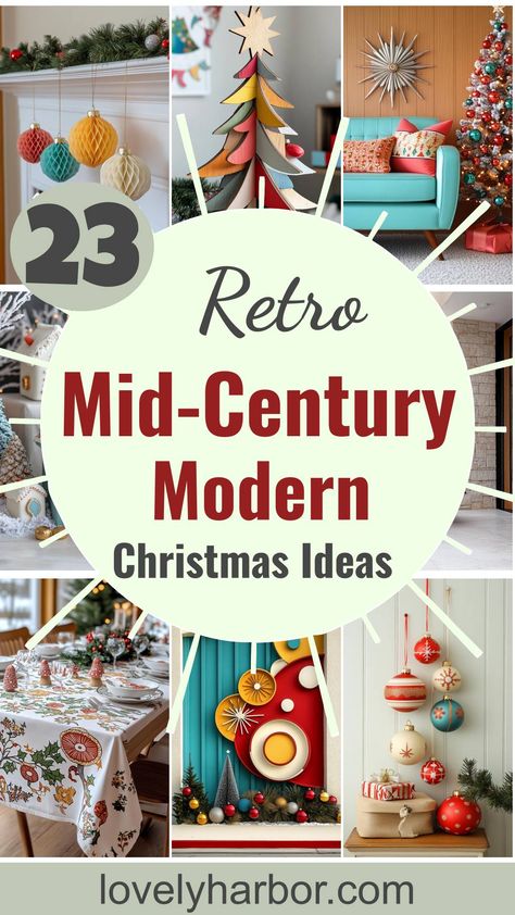 23 Vintage Mid-Century Modern Christmas Ideas To Inspire You Mid Century Modern Christmas Fireplace, Retro Boho Christmas, Mid Century Christmas Table Decor, Latest Christmas Decorations, Retro Christmas Decorating Ideas, Tablescape Christmas Ideas, Mid Century Modern Christmas Tablescapes, Mid Century Modern Gifts, Mid Century Modern Christmas Color Palette