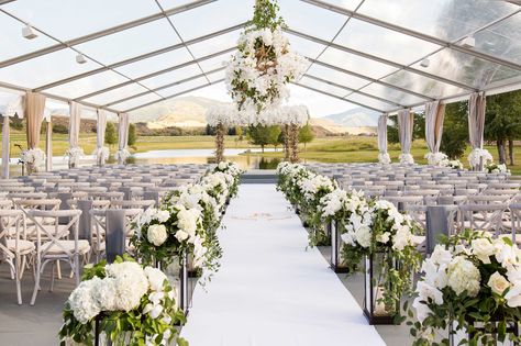 Clear top wedding tent ceremony in Aspen Colorado on ranch Wedding Aisles, Wedding Tent Decorations, Alfresco Wedding, Outdoor Tent Wedding, Tent Wedding Reception, Clear Tent, Decoration Evenementielle, Barn Reception, Tent Decorations