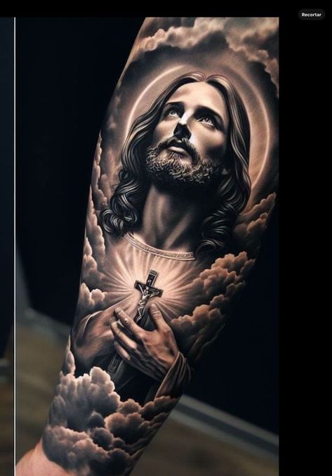 Baptist Tattoo Ideas, Religious Arm Sleeve Tattoos, Memorial Back Tattoos, God Tattoos Men, Jesus Tatoos Ideas, Jesus Tattoo Men, Small Angel Tattoo Men, Jesus Piece Tattoo, Black Jesus Tattoo