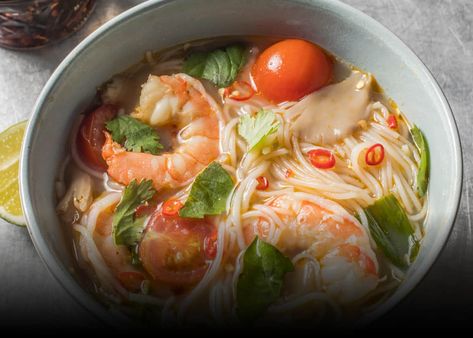 Guay Tiew Tom Yum Goong (Thai Hot and Sour Noodle Soup with Shrimp) | America's Test Kitchen Shrimp And Noodles, Thai Hot And Sour Soup, Tom Yum Goong, Soup With Shrimp, Thai Soup, Tom Yum Soup, Hot And Sour Soup, Tom Yum, Shrimp And Rice