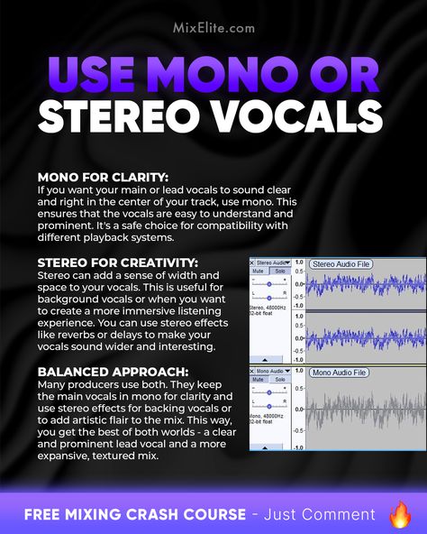 Free Mixing Crash Course 👉 MixElite.com/free-course  🎤 Mono vs. Stereo Vocals!    #MonoStereoVocals #MusicProduction #AudioMixing #VocalEffects #RecordingStudio #MusicProducer #SoundEngineering #MixingTips #HomeStudio #ProducerLife #AudioProduction #StudioGear #MusicMixer Music Mixing Cheat Sheet, Mixing Vocals, Music Knowledge, Music Hacks, Music Basics, Music Engineers, Music Mixer, Recording Music, Audio Engineering