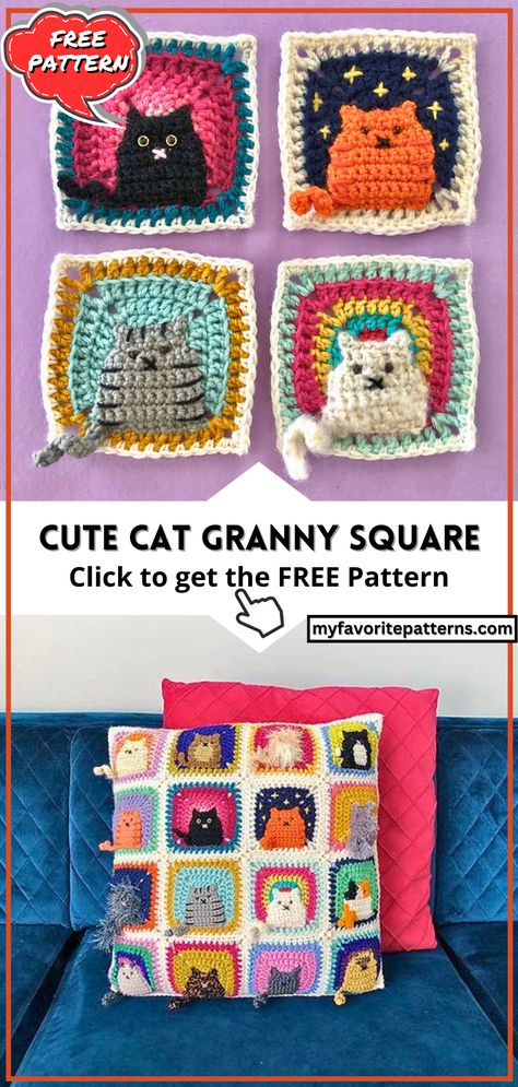 Create your own adorable crochet cat square! Easy, fun, and customizable for all ages. Start crafting today! Crochet Cat Pillow Pattern Free Easy, Cat Granny Square Crochet Free Pattern, Crochet Cat Granny Square, Cat Granny Square Crochet, Cat Granny Square, Cat Pillow Pattern, Granny Square Pattern Free, Crocheted Stuff, Fall Cats